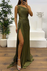 Fashion One-shoulder Pleated Ribbon Slim Slit Maxi Dress