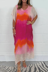 Fashion Tie-dye Casual V-neck Short-sleeved Loose Maxi Dress