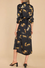 Going Wild Satin Leopard Print Button Down Long Sleeve Midi Dress