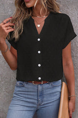 Solid Color Jacquard V-Neck Button Casual Shirt