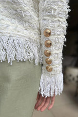 Solid Color Metal Button Long Sleeve Elegant Tassel Top