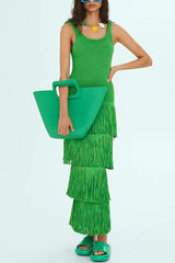 Solid Color Sleeveless Slim Fit Fringed Hem Knitted Midi Dress