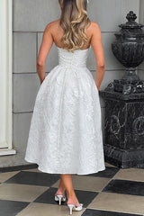 Jacquard Fabric Strapless Open Back Elegant Slim Midi Dress