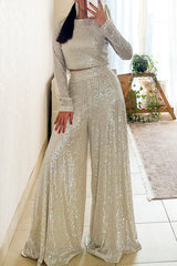 Fashionable Shiny Sequined Long-Sleeved Cropped Top and Casual Wide-Leg Pants Set