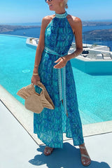 Unique Print Sexy Off-the-shoulder Waist Tie Slit Holiday Midi Dresses