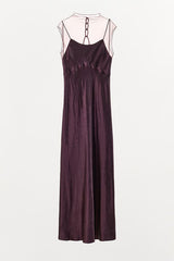 Remeah Mesh Satin Patchwork High Neck Back Cutout Button Maxi Dress