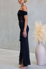 Sexy Mesh Off-shoulder Slim Fit Ruffled Slit Maxi Dress