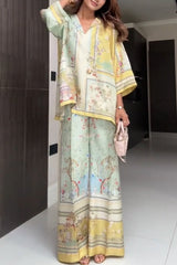 Elonie Satin Floral Print V-neck Half Sleeve Top and Elastic Waist Wide Leg Pants Set