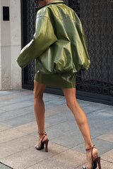 Solid Color Loose Long Sleeve Pocket Casual Leather Jacket