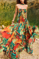 Vacay Vibes Colorful Lava Print Off Shoulder Smocked Scarf Maxi Dress