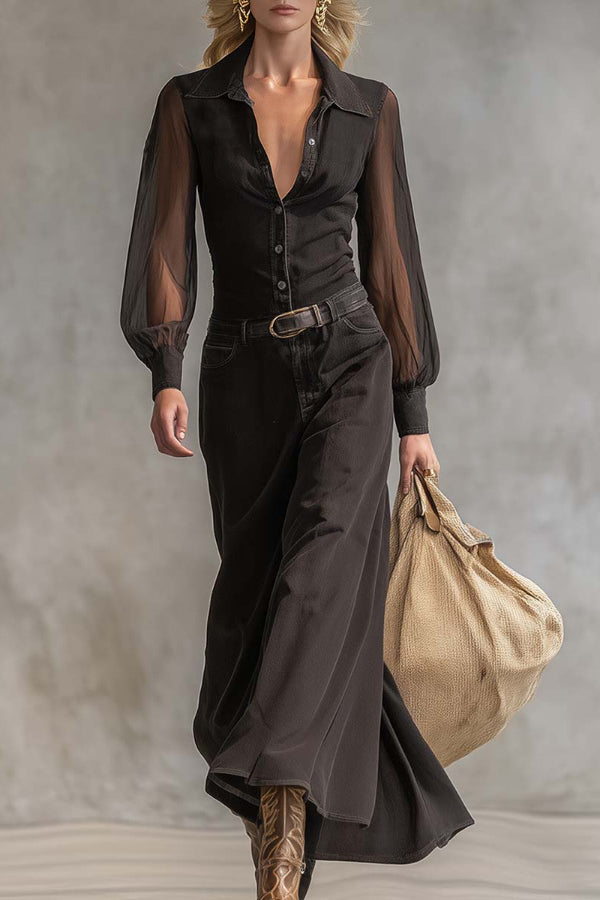 Fashionable Sheer Long-sleeved Casual Button-down Maxi Dress