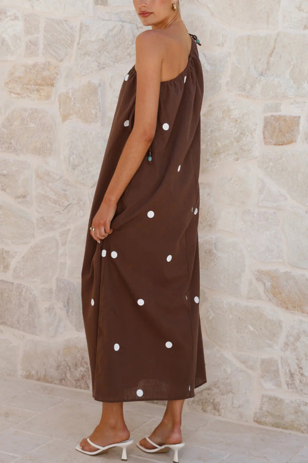 Polka Dot Print Sleeveless One-shoulder Tie-up Casual Vacation Maxi Dress