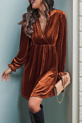 Solid Color Velvet V-Neck Long Sleeve Loose Mini Dress