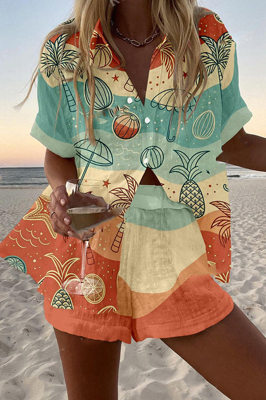 Colorful Beach Print Loose Button Elastic Waist Shorts Set