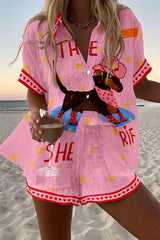 Dachshund Print Loose Button Elastic Waist Shorts Set