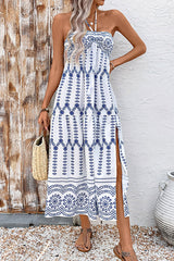 Bohemian Holiday Style Unique Print Halter Neck Tie Slit Midi Dress