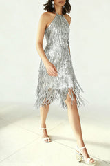 Sexy Sleeveless Halter Neck Tassel Sequin Mini Dress