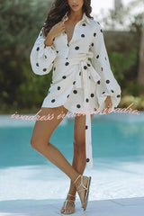 Effortlessly Linen Blend Polka Dot Balloon Sleeve Blouse and Wrap Tie-up Loose Mini Skirt Set