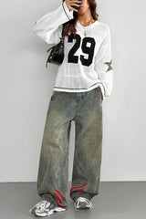 Number 29 Pattern Fashion Casual Street Trend Printed V-neck Long-sleeved Knitted Sweater