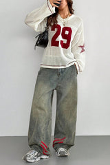 Number 29 Pattern Fashion Casual Street Trend Printed V-neck Long-sleeved Knitted Sweater