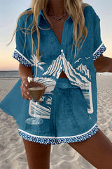 Casual Holiday Print Loose Button Elastic Waist Shorts Set