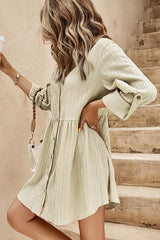 Textured Roll-Up Sleeve Button Front Dress