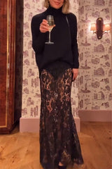 Make An Entrance Floral Stretch Lace Mid Rise Flare Maxi Skirt