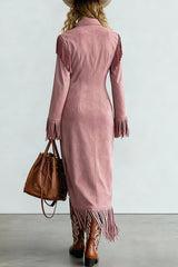 Stylish Suede Tassel Long-sleeved Slim-fit Maxi Dress