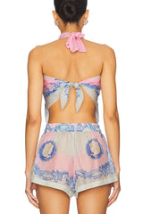 Amalfi Coast Satin Unique Print Scarf Top and Elastic Waist Pocket Loose Shorts Set