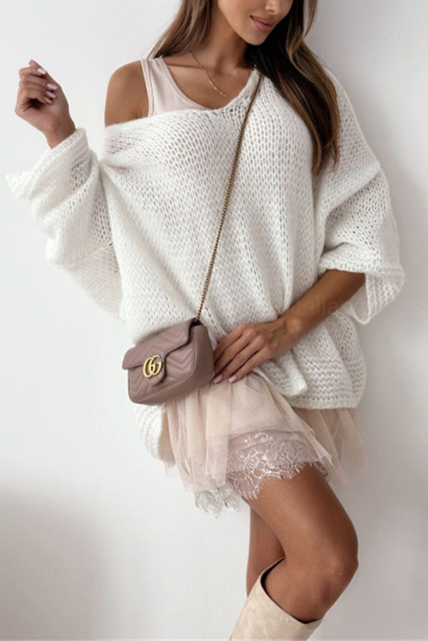 Solid Color Loose V-neck Casual Knitted Sweater