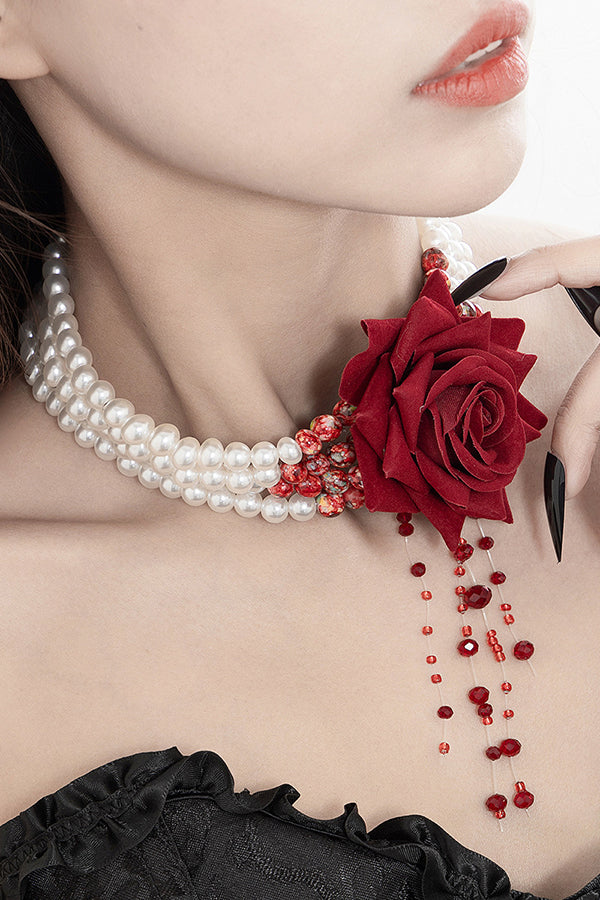 Halloween Dark Blood-stained Pearl Beaded Rose Necklace