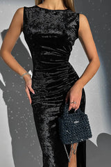 Solid Color Velvet Round Neck Sleeveless Slim Slit Maxi Dress