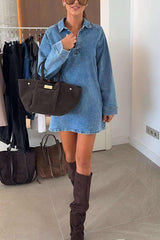 Fashion Lapel Long Sleeve Loose Denim Mini Dress