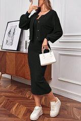 Solid Color Round Neck Long Sleeve Casual Cardigan and Suspender Slim Midi Dress Set