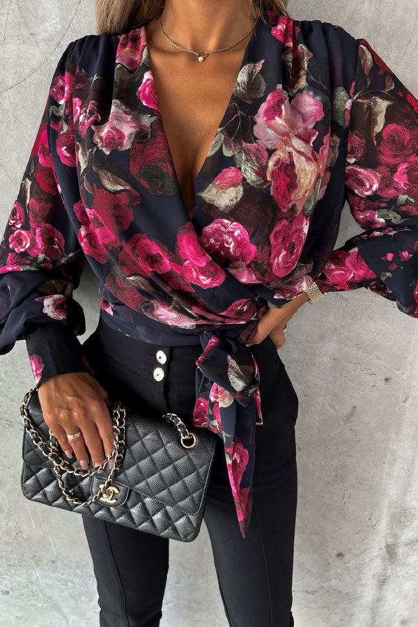 Se V-neck Print Tie Blouse