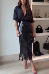 City Queen Sequin Tassel Round Pieces High Rise Back Zipper Midi Skirt