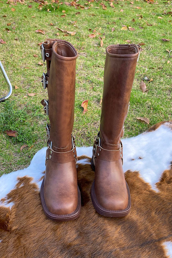 Vintage Belt Buckle Chunky Heeled Long Biker Boots