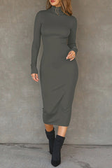 Solid Color Casual Long Sleeve High Neck Slim Midi Dress