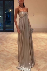 Night Elf Metallic Fabric Pleated Off Shoulder Twist Bust Slit Maxi Dress