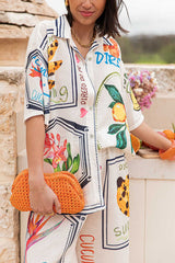 Summer Plant Fruit Print Casual Short Sleeve Shirt and Elastic Waist Loose Wide Leg Pants Set