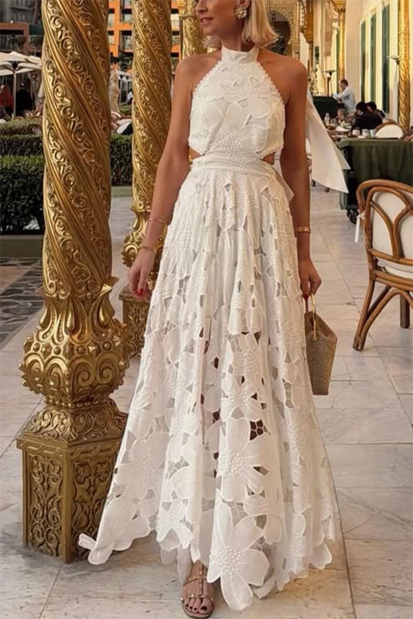 Sevilla Sun Embroidery Crochet Flowers Cutout Waist Halter Backless Maxi Dress