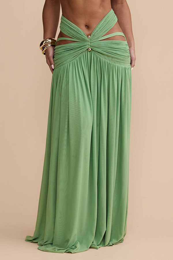 Martina Stretch Mesh Gold Metal Detail Gathered Cutout Waist Vacation Maxi Skirt