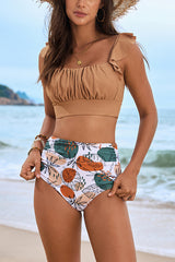 Floral Print Ruffled Two-piece Stretch Bikini Swimsuit and Elegant Gauze Scarf Set