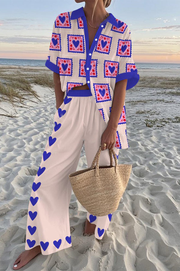 Purple Heart-print Oversized Shirt and Elastic Waist Pocket Pants Set
