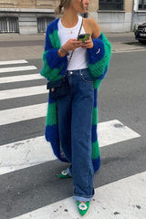 Fashionable Contrast Stripes Lazy Style Loose Long Knitted Cardigan