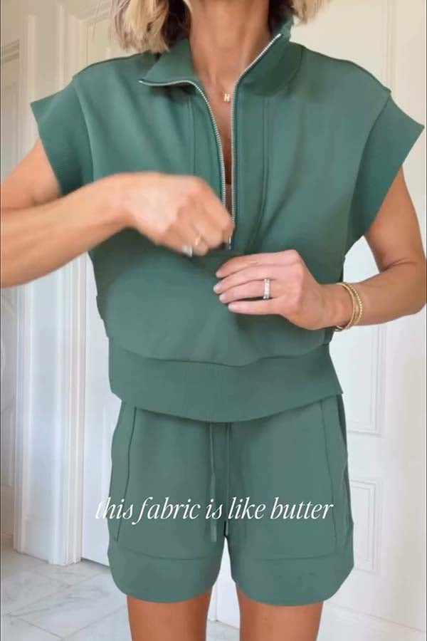 Buttery Touch Half-Zip Short Sleeve Sweatshirt and Elastic Waist Pocket Casual Shorts Set