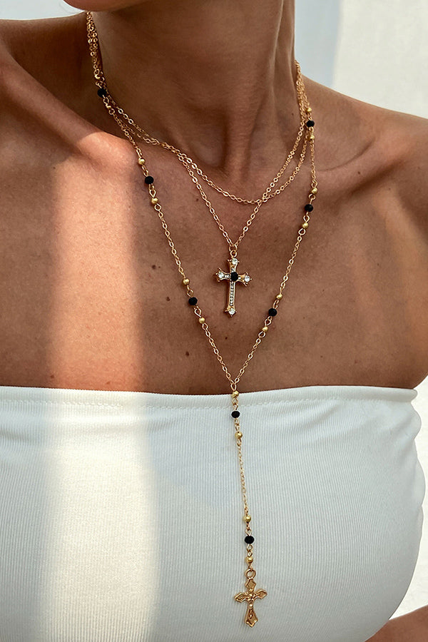 Fashionable Diamond Cross Chain Elegant Multi-layered Necklace