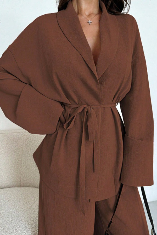 Solid Color Collared Long-sleeved Tie-wst Loose Top and Elastic Wst Casual Wide-leg Pants Set