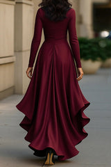 Solid Color Satin V-neck Long-sleeved Elegant Ruffled Maxi Dress