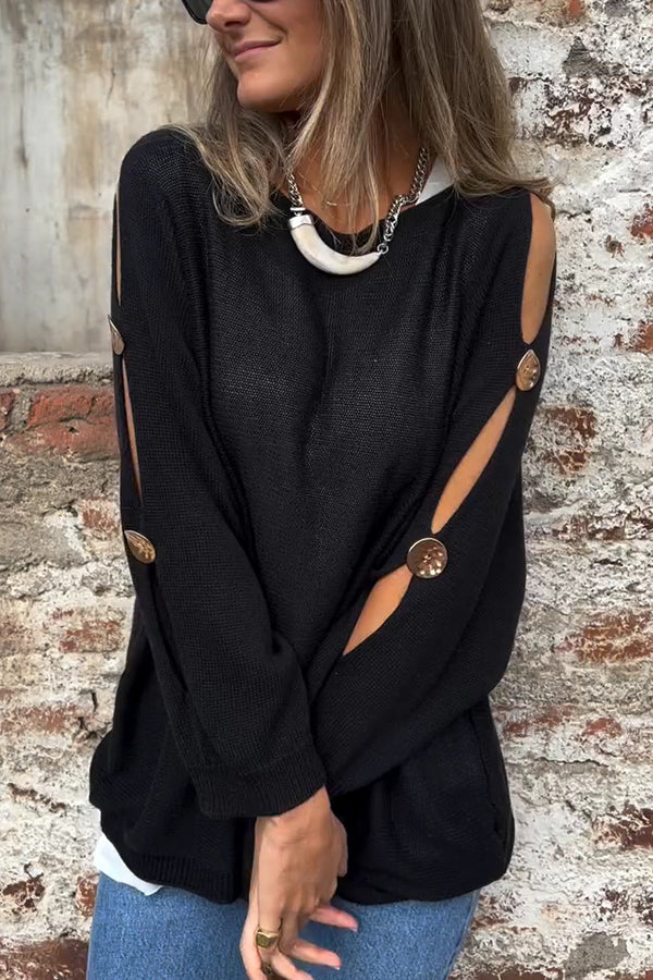 Solid Color Round Neck Hollow Long Sleeve Loose Knitted Sweater